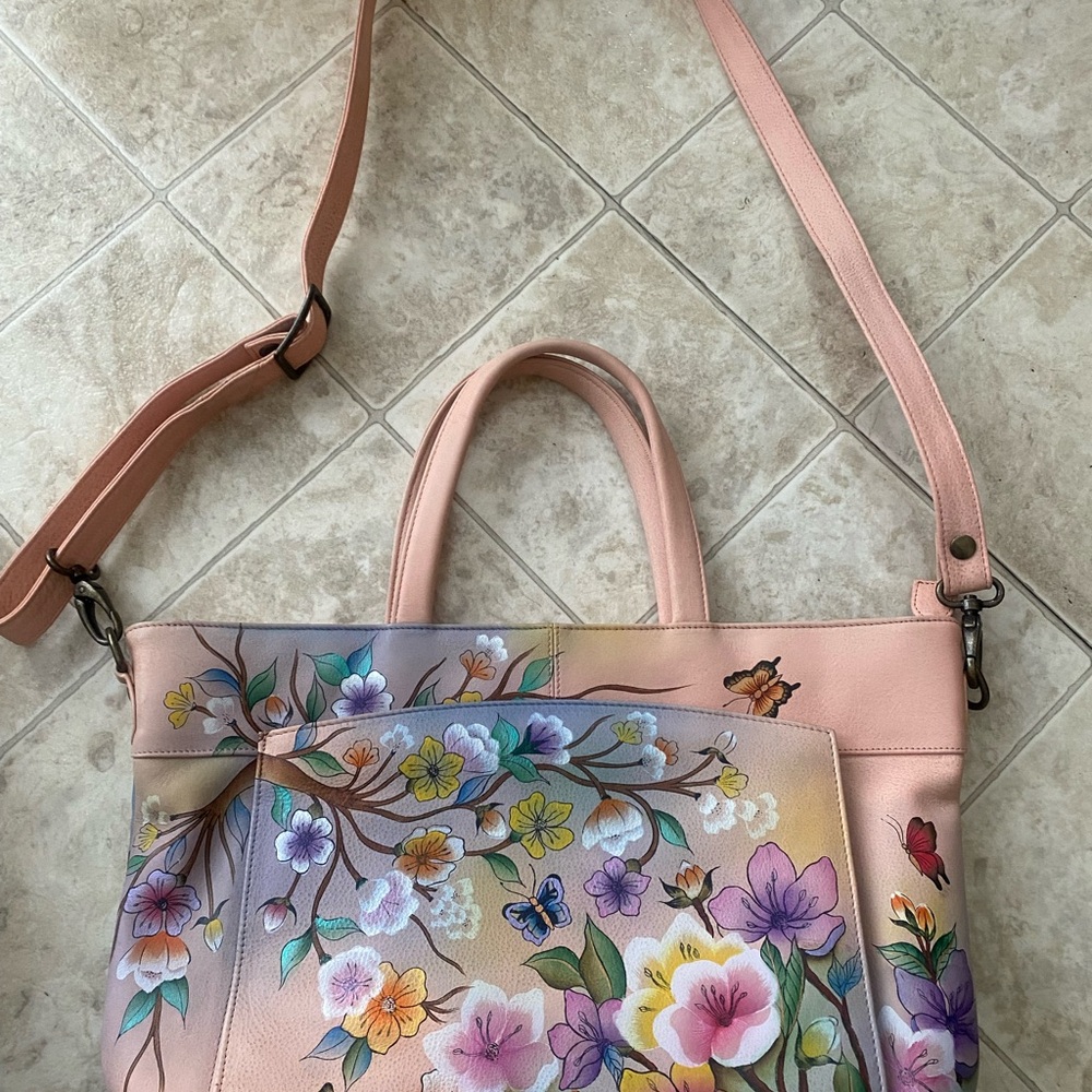 Anuschka Pink Floral Shoulder Bag with Artistic Design